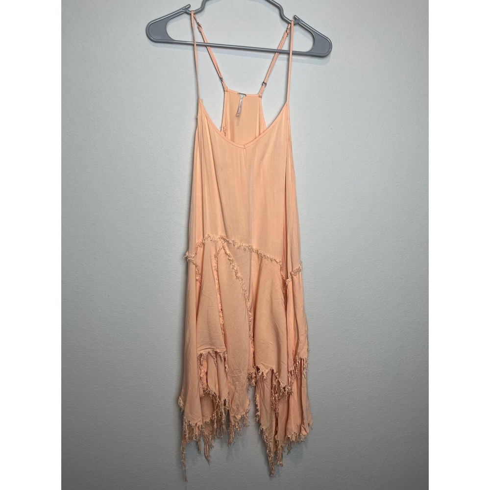 Free People Dress Womens XS Pink Trapeze Slip Fringe Asymmetrical Hem Boho